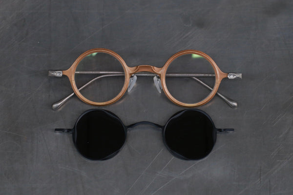 Rigards RG1912CU series titanium + copper double-layer sunglasses, antique red copper + black frame, transparent dark gray lens
